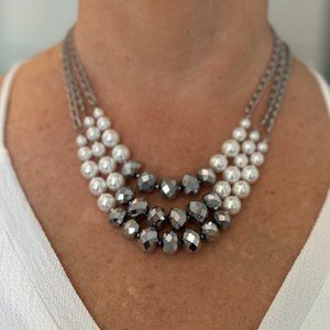 Faux Pearl and Silvery Grey 3-Strand Beaded Statement necklace.